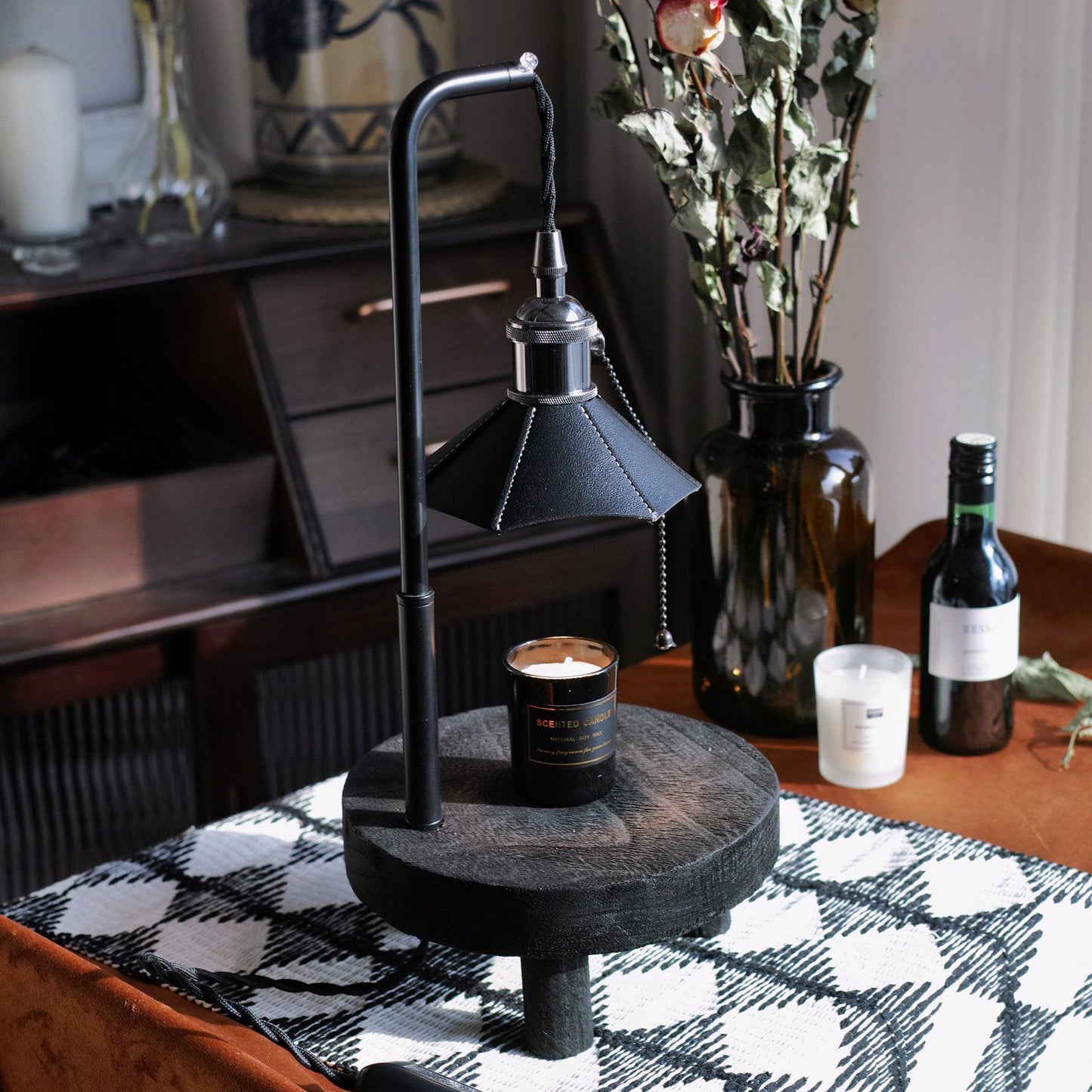 Cordero Wooden Stool Table Lamp | Wooden & Leather | Rose Gold or Black