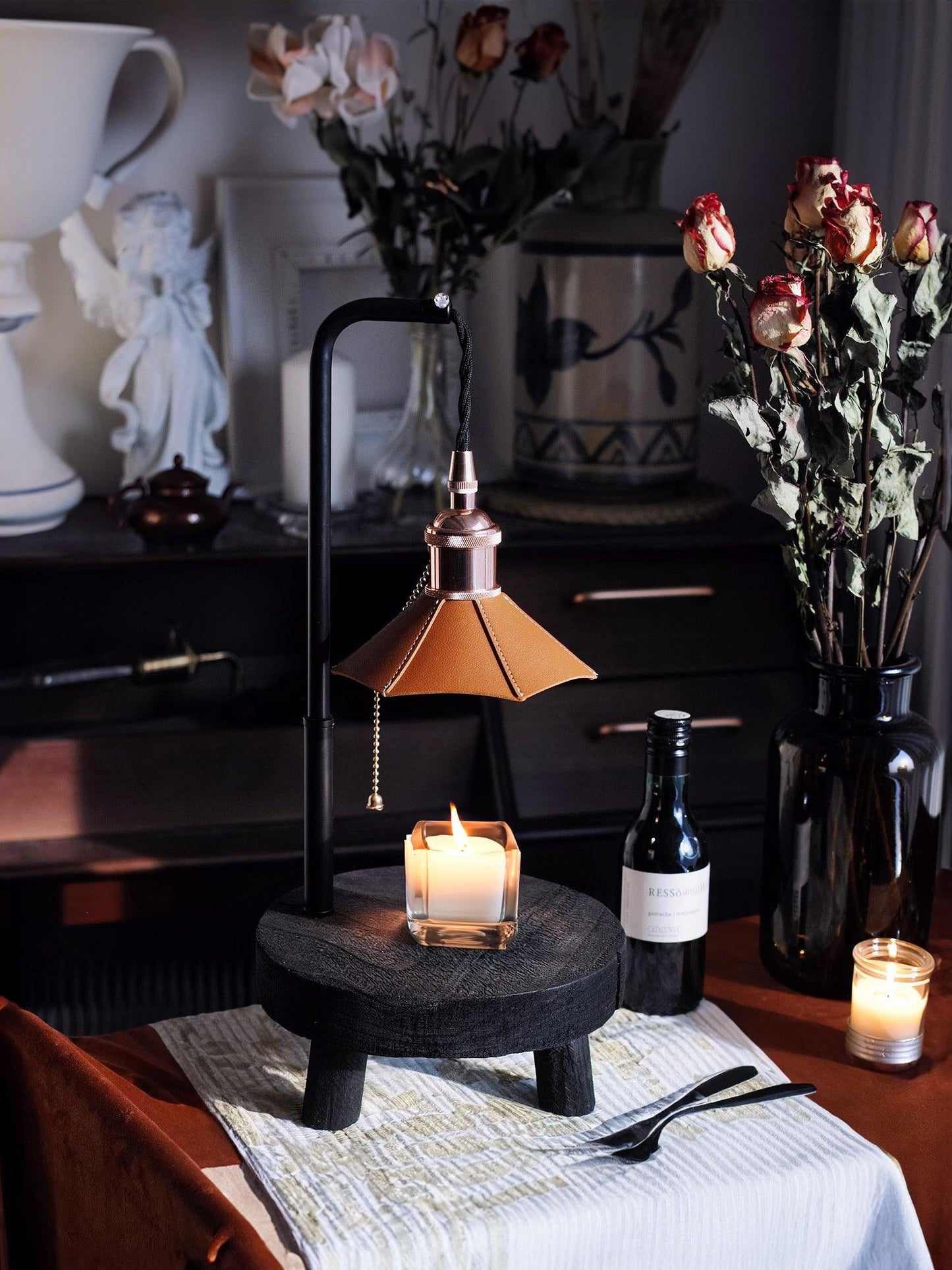 Cordero Wooden Stool Table Lamp | Wooden & Leather | Rose Gold or Black