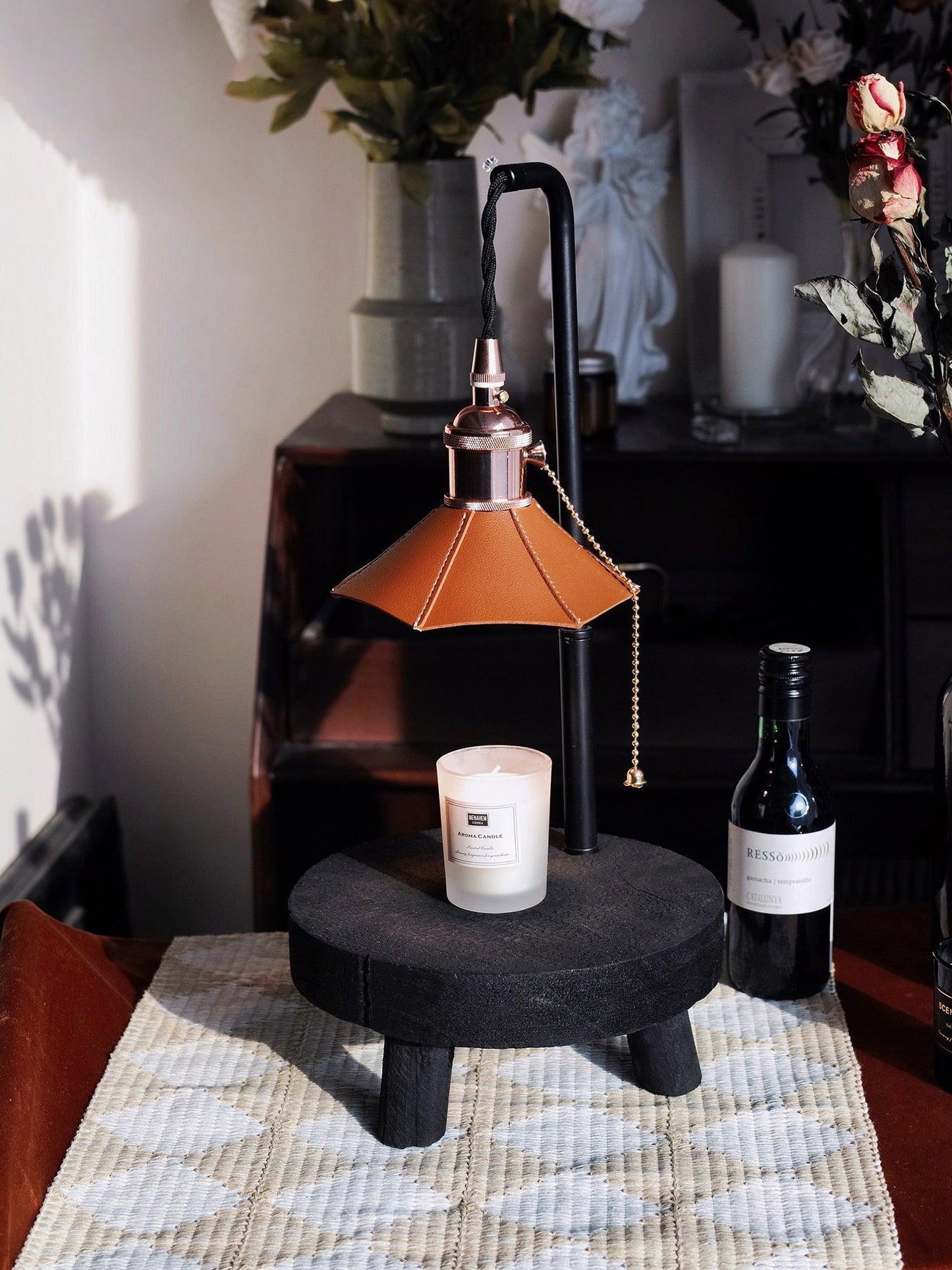 Cordero Wooden Stool Table Lamp | Wooden & Leather | Rose Gold or Black