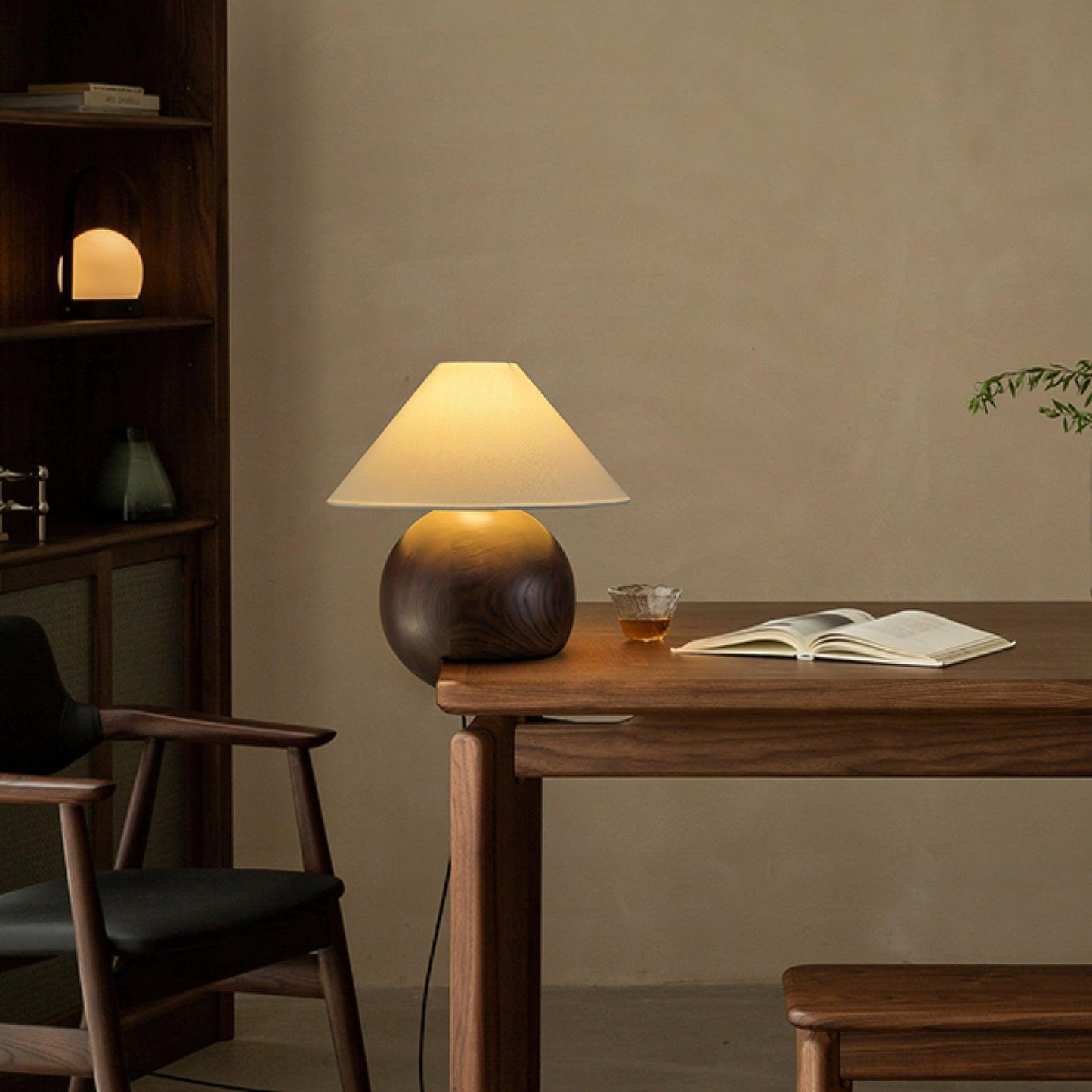 Corner Log Table Lamp | Hand-Polished Solid Wood | Walnut Color