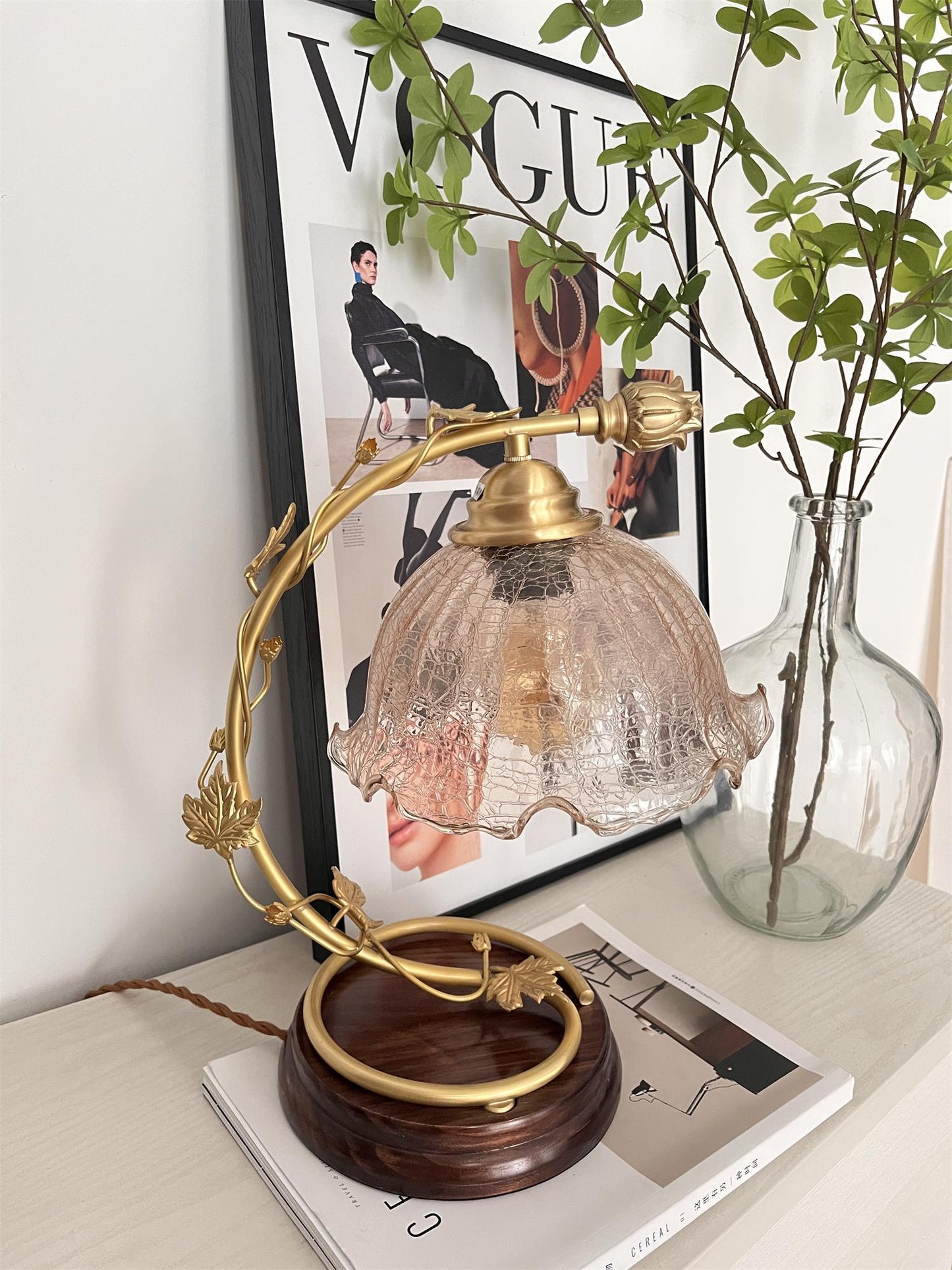 Cracked Glass Brass Table Lamp | Glass, Brass, Ash Wood | Brown