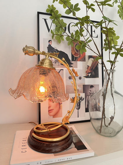 Cracked Glass Brass Table Lamp | Glass, Brass, Ash Wood | Brown