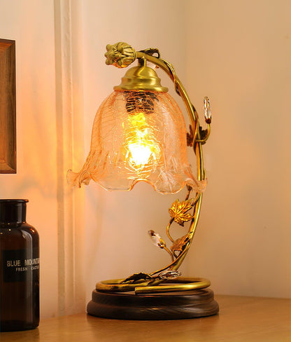 Cracked Glass Brass Table Lamp | Glass, Brass, Ash Wood | Brown
