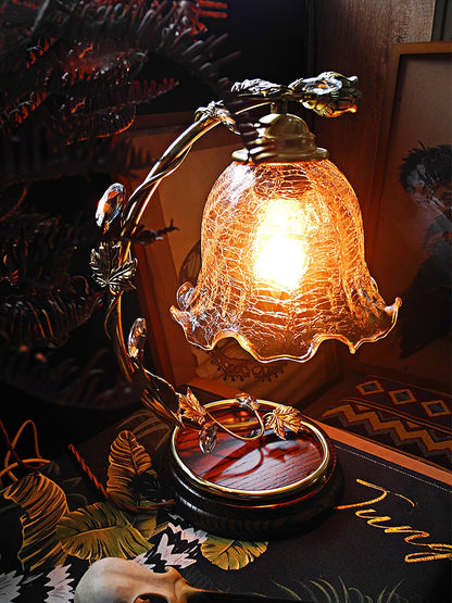 Cracked Glass Brass Table Lamp | Glass, Brass, Ash Wood | Brown