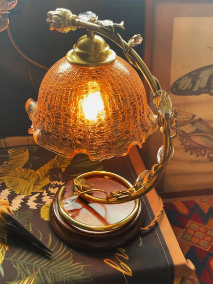 Cracked Glass Brass Table Lamp | Glass, Brass, Ash Wood | Brown