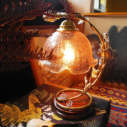 Cracked Glass Brass Table Lamp | Glass, Brass, Ash Wood | Brown