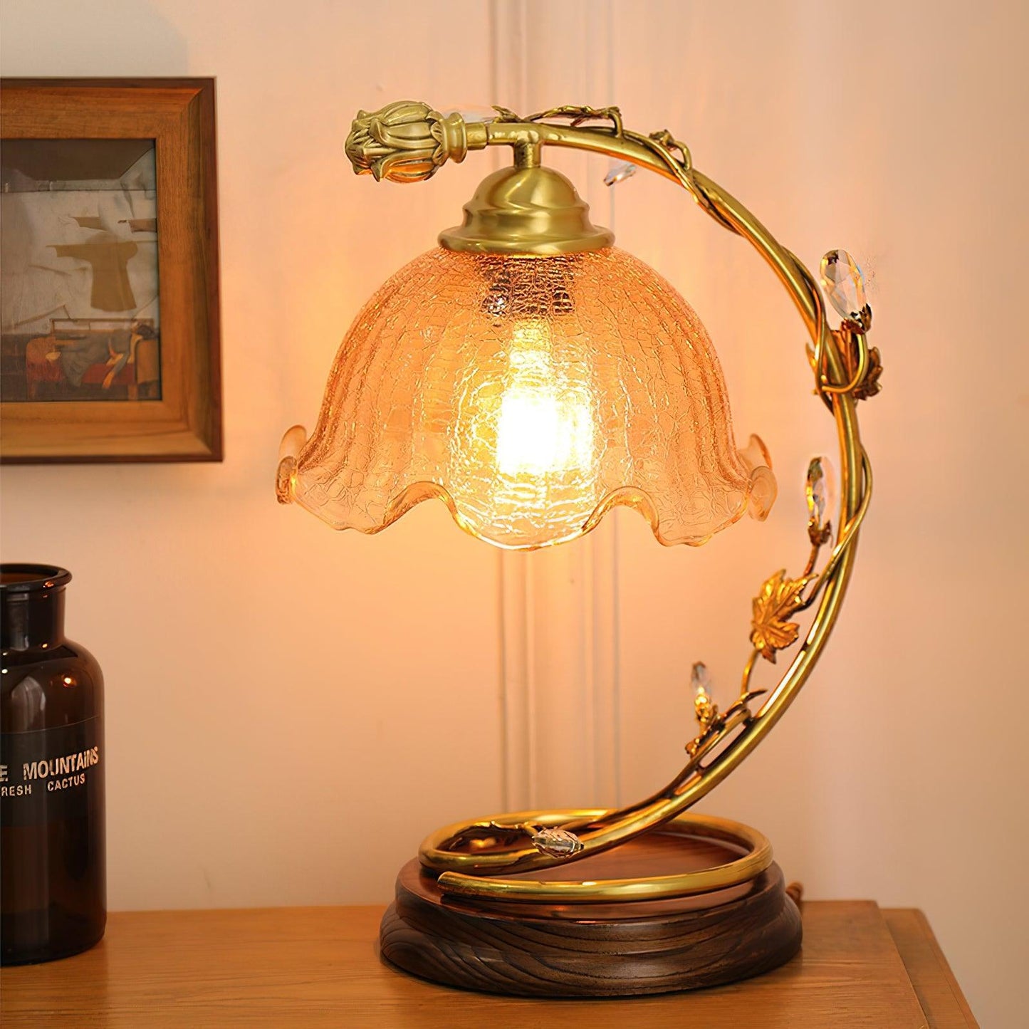 Cracked Glass Brass Table Lamp | Glass, Brass, Ash Wood | Brown