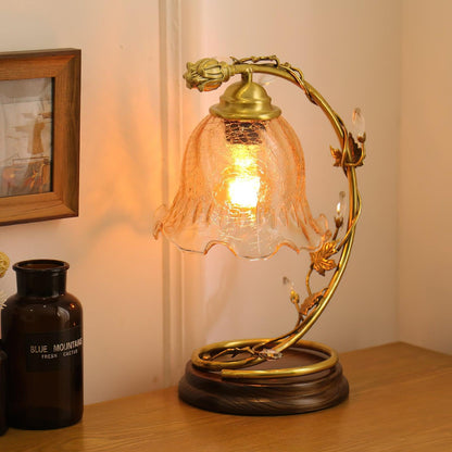 Cracked Glass Brass Table Lamp | Glass, Brass, Ash Wood | Brown