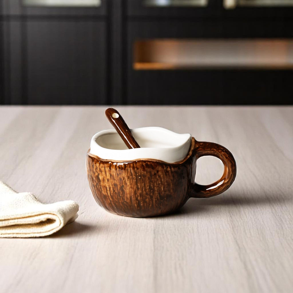 Ceramic Coffee Mug | Coconut Shape | with Spoon