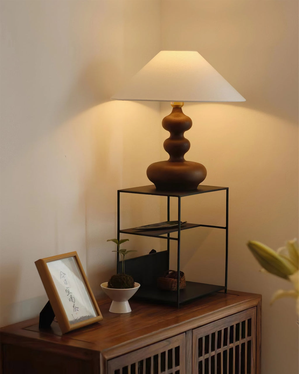 Creative Gourd Table Lamp | Metal, Ash Wood & Fabric | Walnut, Black or White