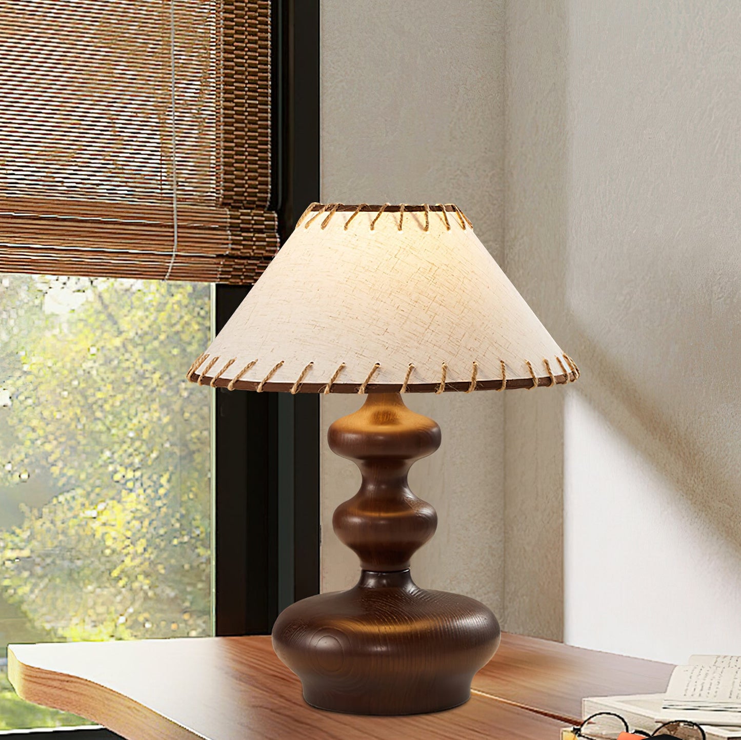 Crigler Table Lamp | Walnut Wood & Beige Fabric | Retro Design