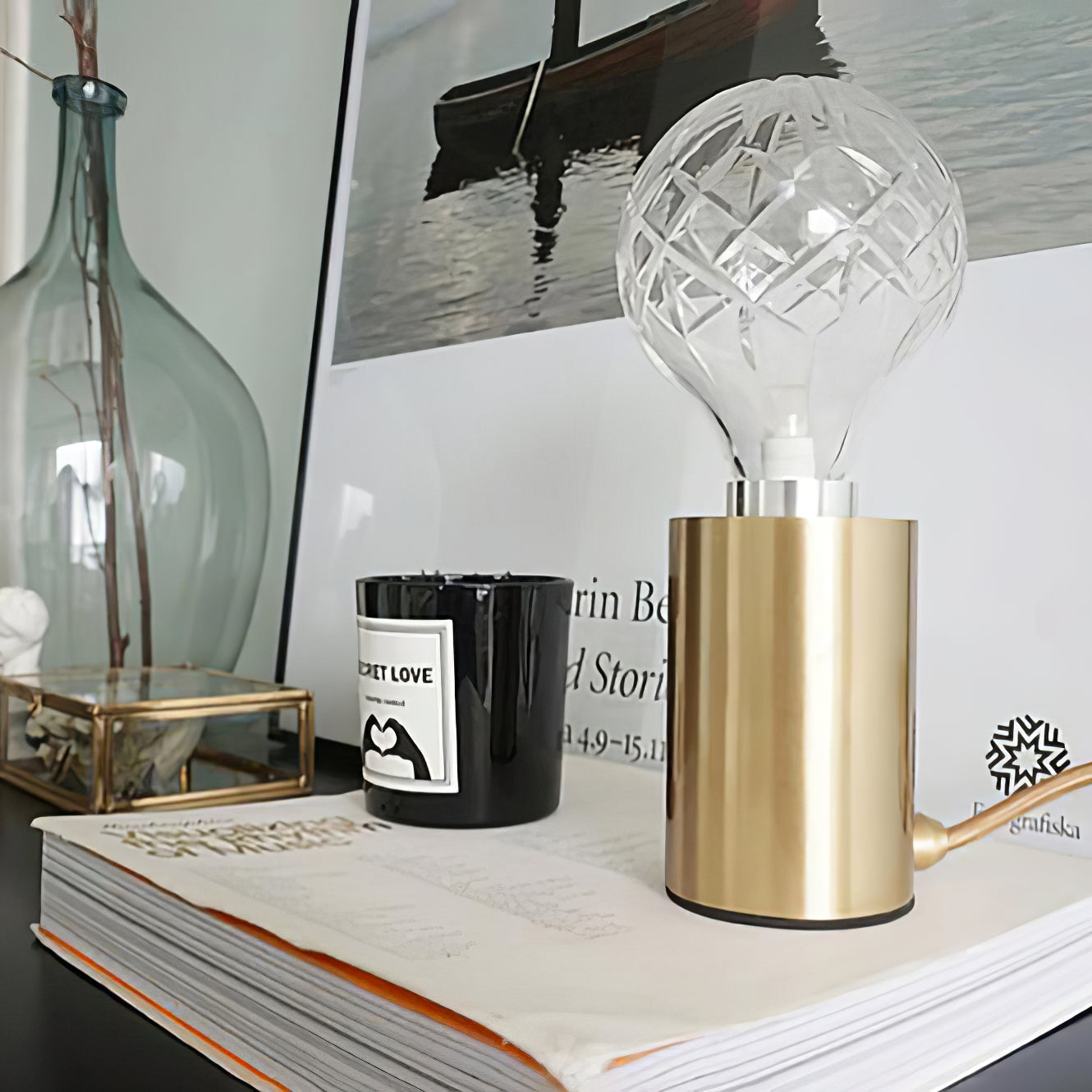 Crystal Table Lamp | Hand-Cut Clear Glass | Gold Brass Base