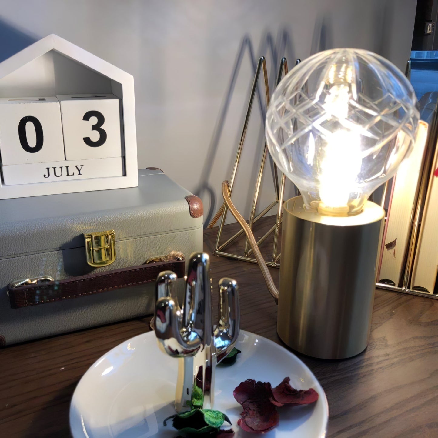 Crystal Table Lamp | Hand-Cut Clear Glass | Gold Brass Base