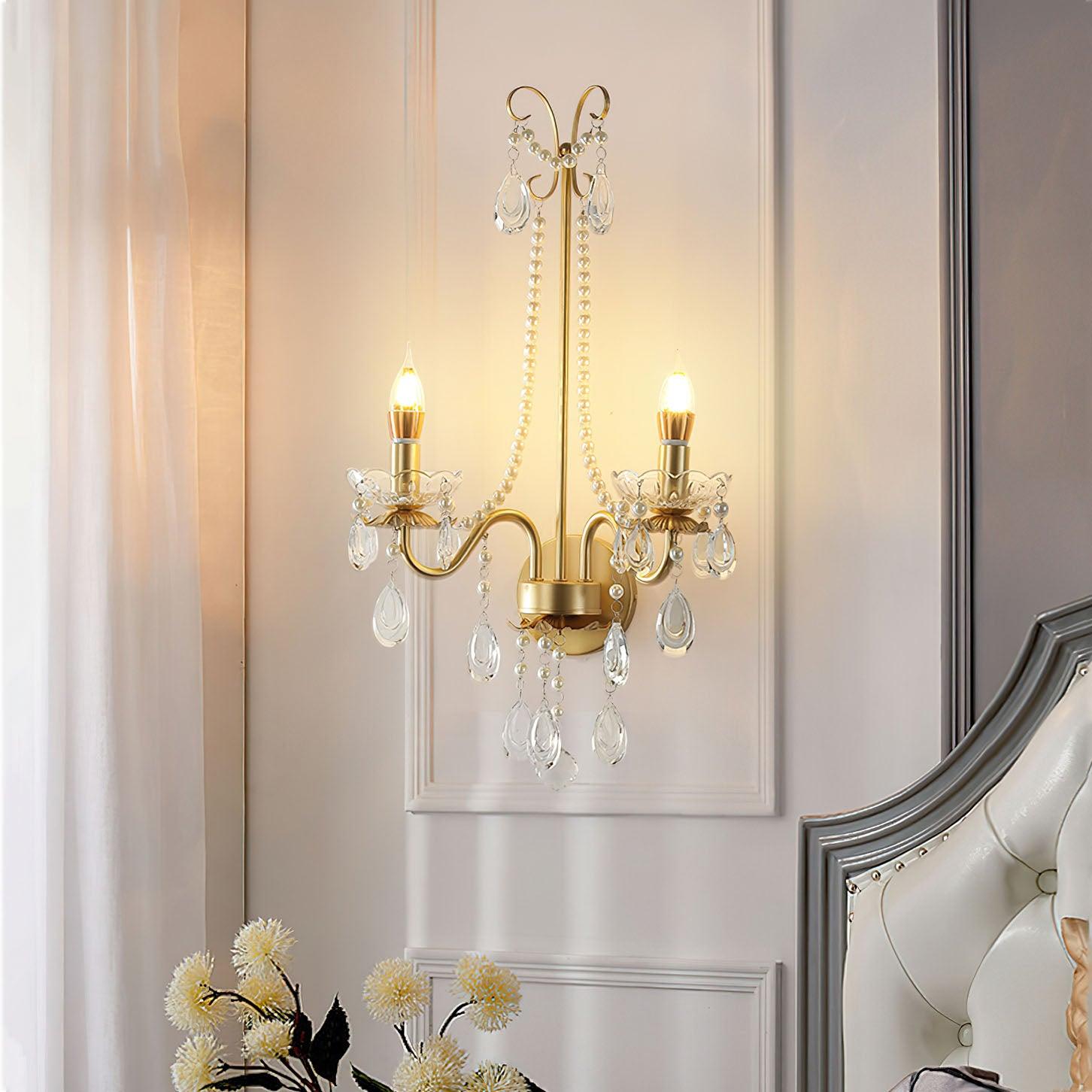 Crystal Wall Lamp | Pearl Chain | Gold