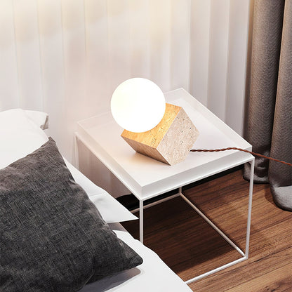 Cube Stone Table Lamp | Yellow Travertine, Glass | White Shade