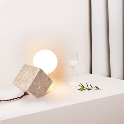 Cube Stone Table Lamp | Yellow Travertine, Glass | White Shade