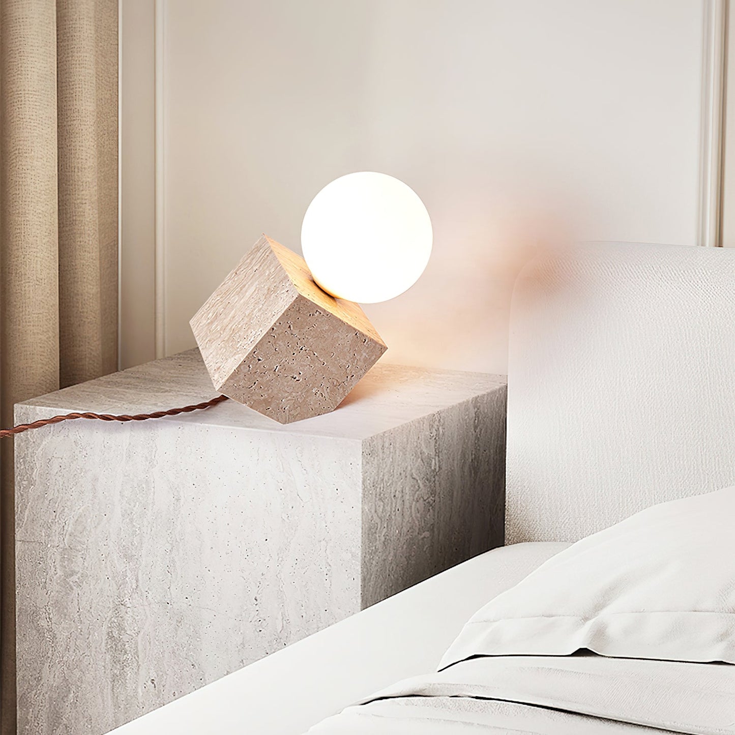Cube Stone Table Lamp | Yellow Travertine, Glass | White Shade