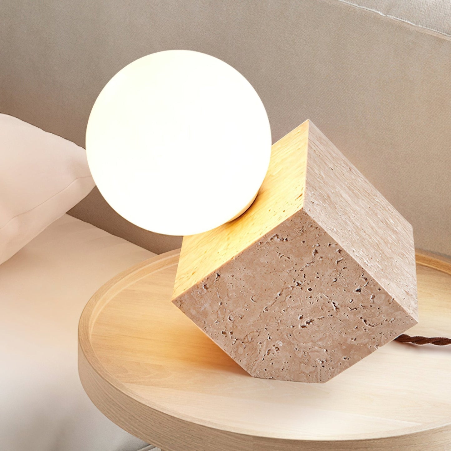 Cube Stone Table Lamp | Yellow Travertine, Glass | White Shade