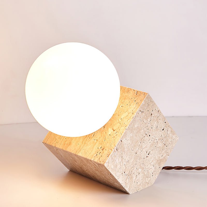 Cube Stone Table Lamp | Yellow Travertine, Glass | White Shade