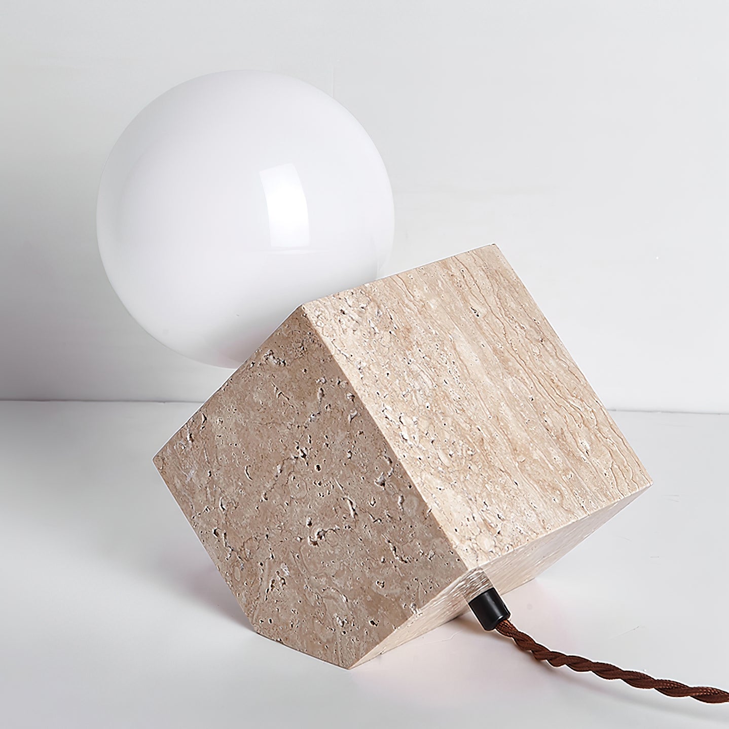 Cube Stone Table Lamp | Yellow Travertine, Glass | White Shade