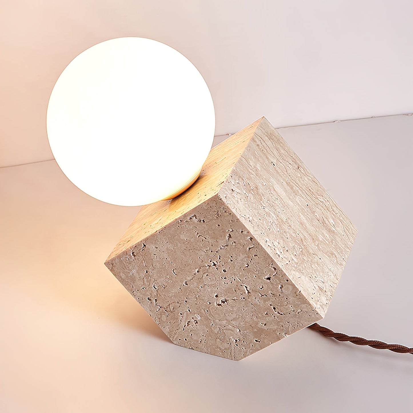 Cube Stone Table Lamp | Yellow Travertine, Glass | White Shade