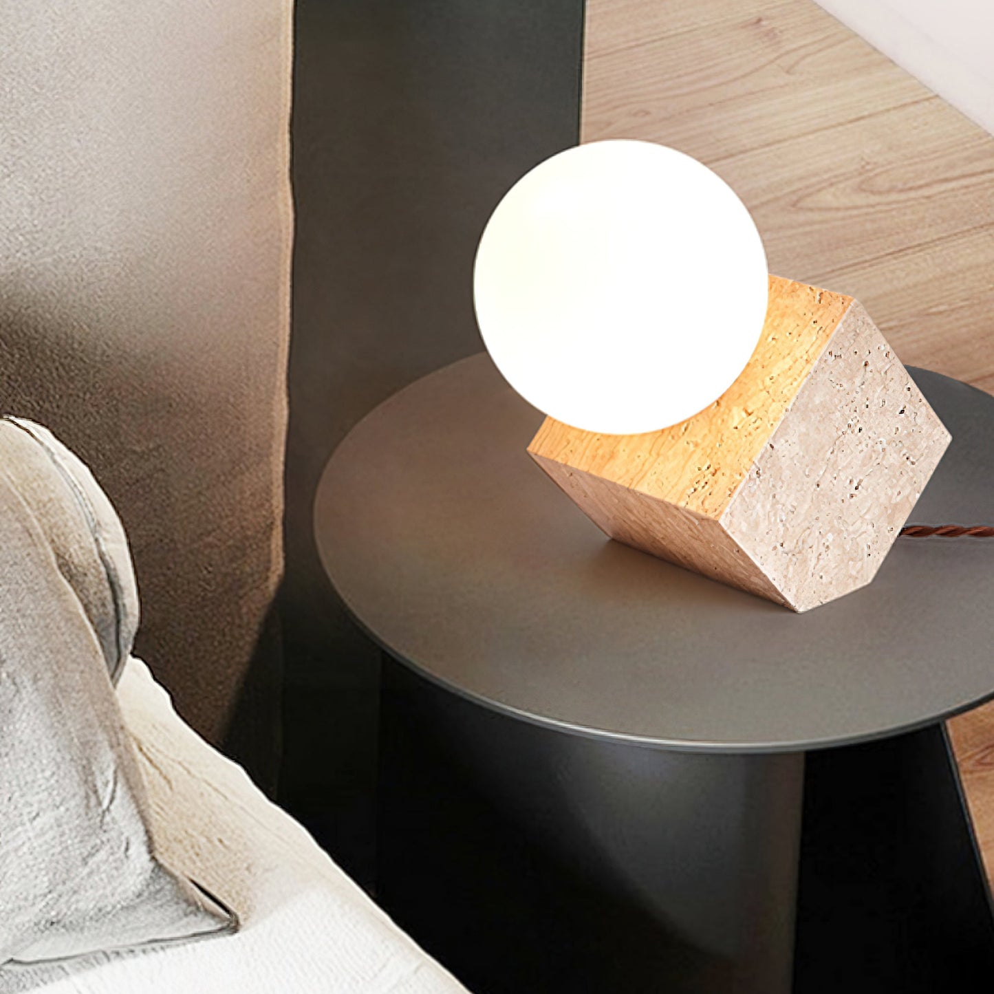 Cube Stone Table Lamp | Yellow Travertine, Glass | White Shade