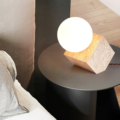 Cube Stone Table Lamp | Yellow Travertine, Glass | White Shade