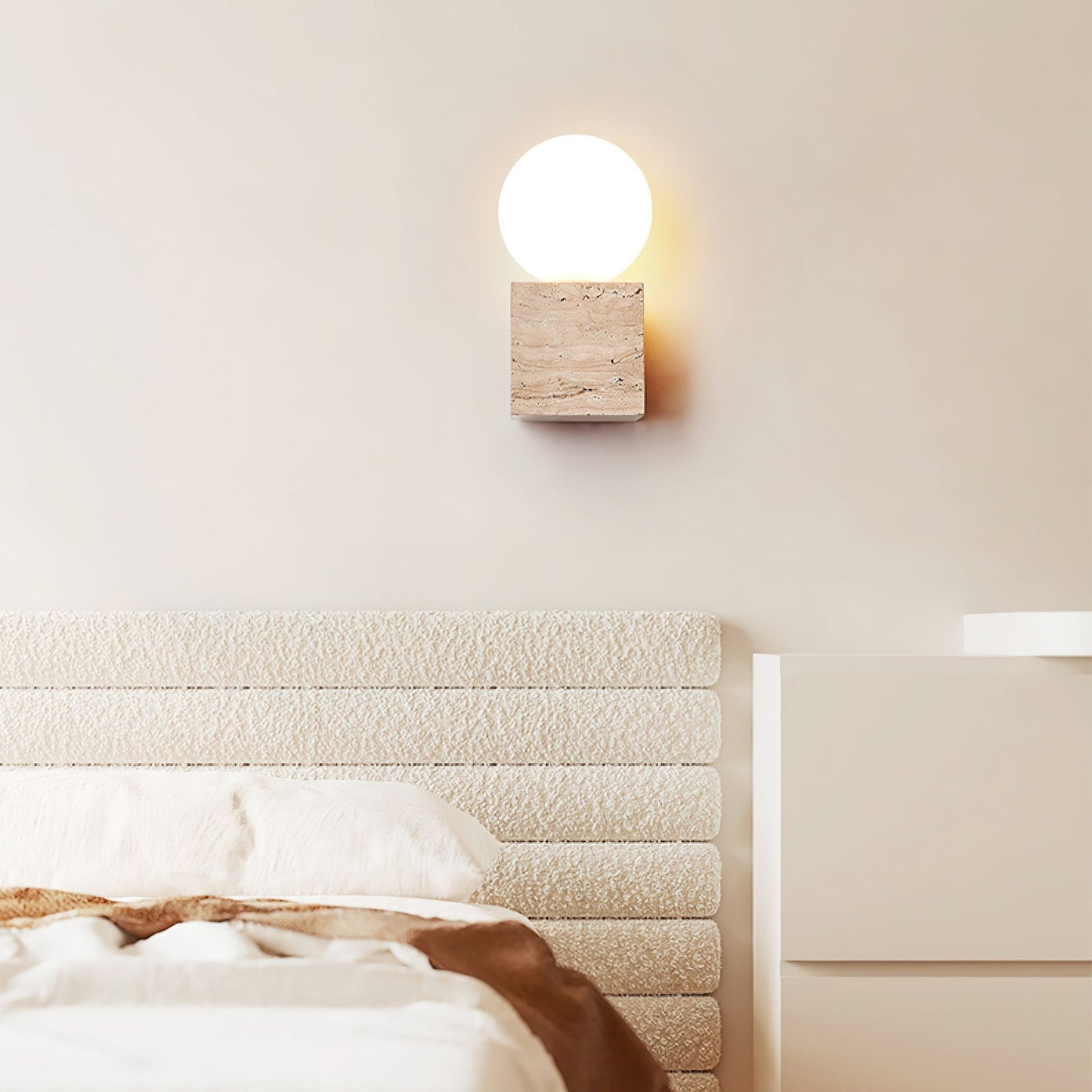 Cube Stone Wall Lamp | Travertine, Metal, Glass | Yellow