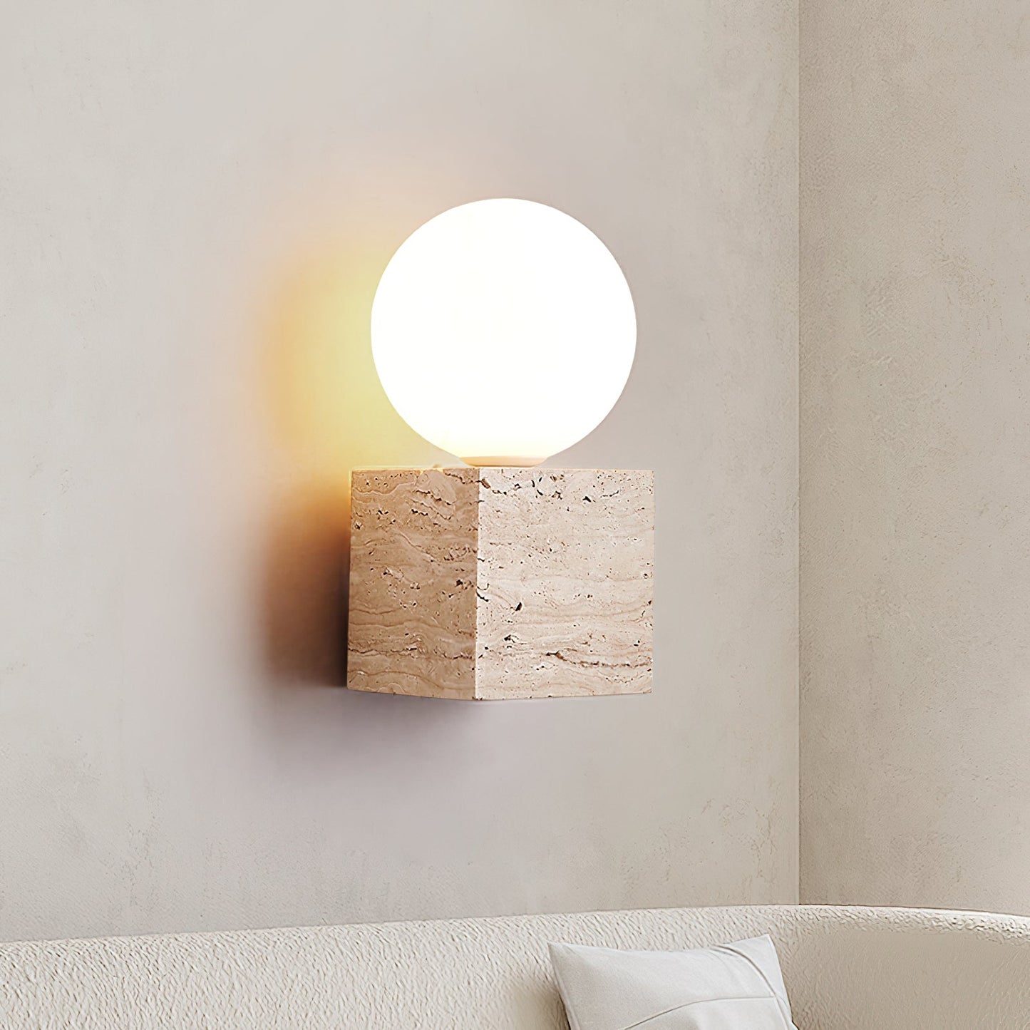 Cube Stone Wall Lamp | Travertine, Metal, Glass | Yellow