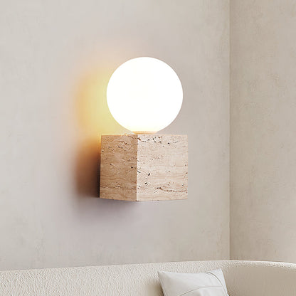 Cube Stone Wall Lamp | Travertine, Metal, Glass | Yellow