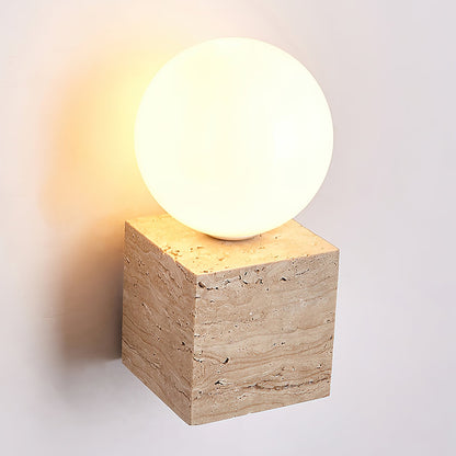 Cube Stone Wall Lamp | Travertine, Metal, Glass | Yellow