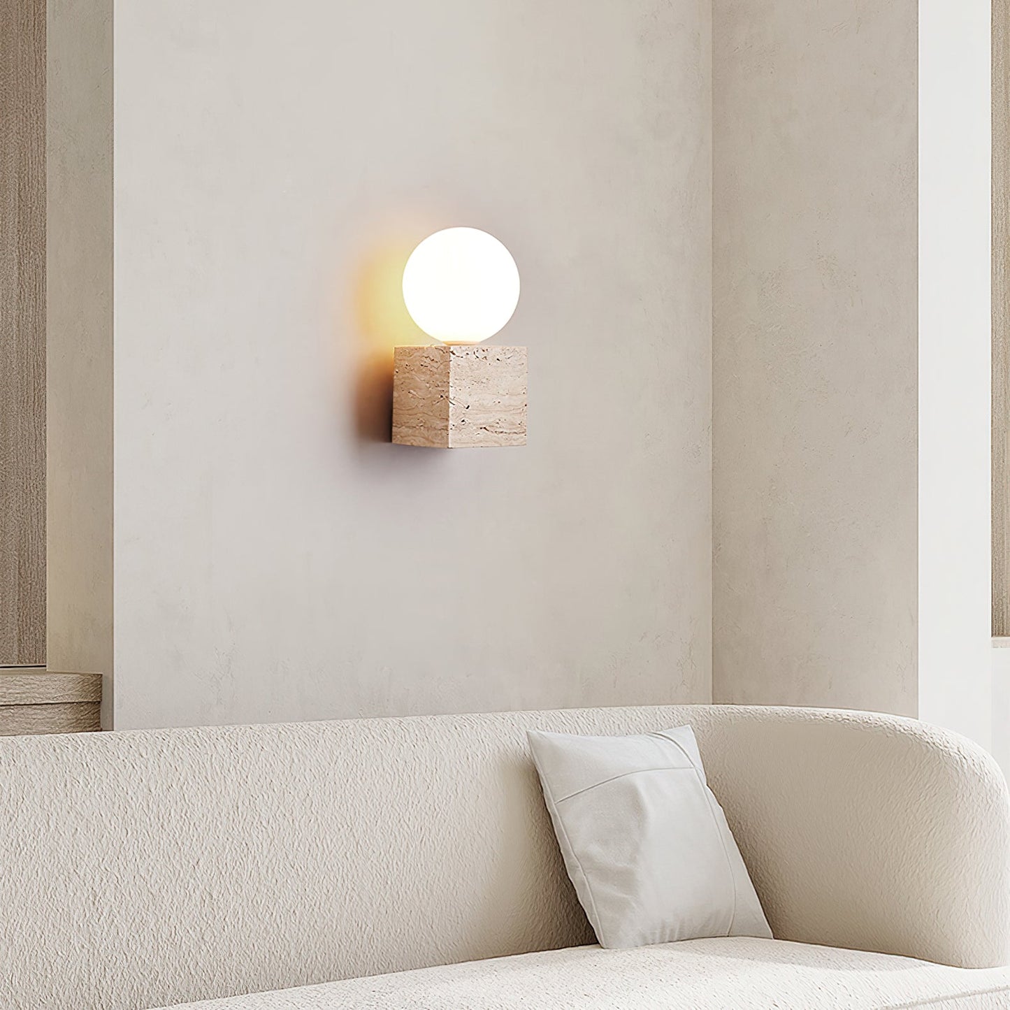 Cube Stone Wall Lamp | Travertine, Metal, Glass | Yellow