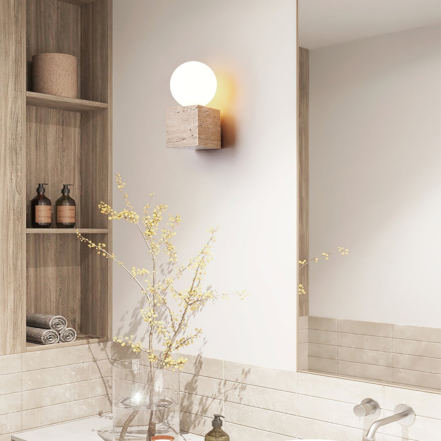 Cube Stone Wall Lamp | Travertine, Metal, Glass | Yellow