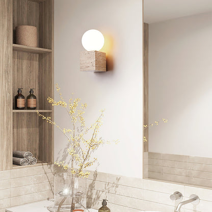 Cube Stone Wall Lamp | Travertine, Metal, Glass | Yellow