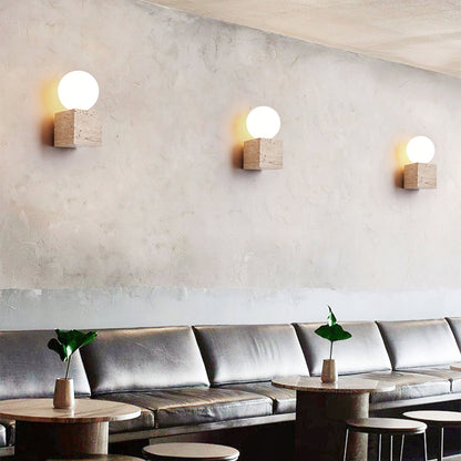 Cube Stone Wall Lamp | Travertine, Metal, Glass | Yellow