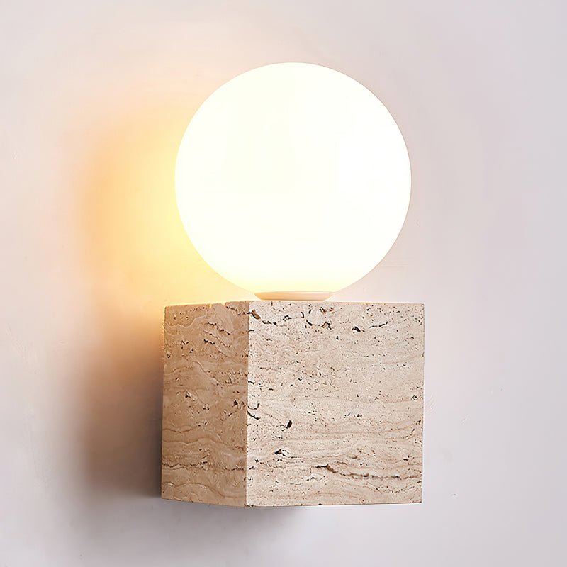 Cube Stone Wall Lamp | Travertine, Metal, Glass | Yellow