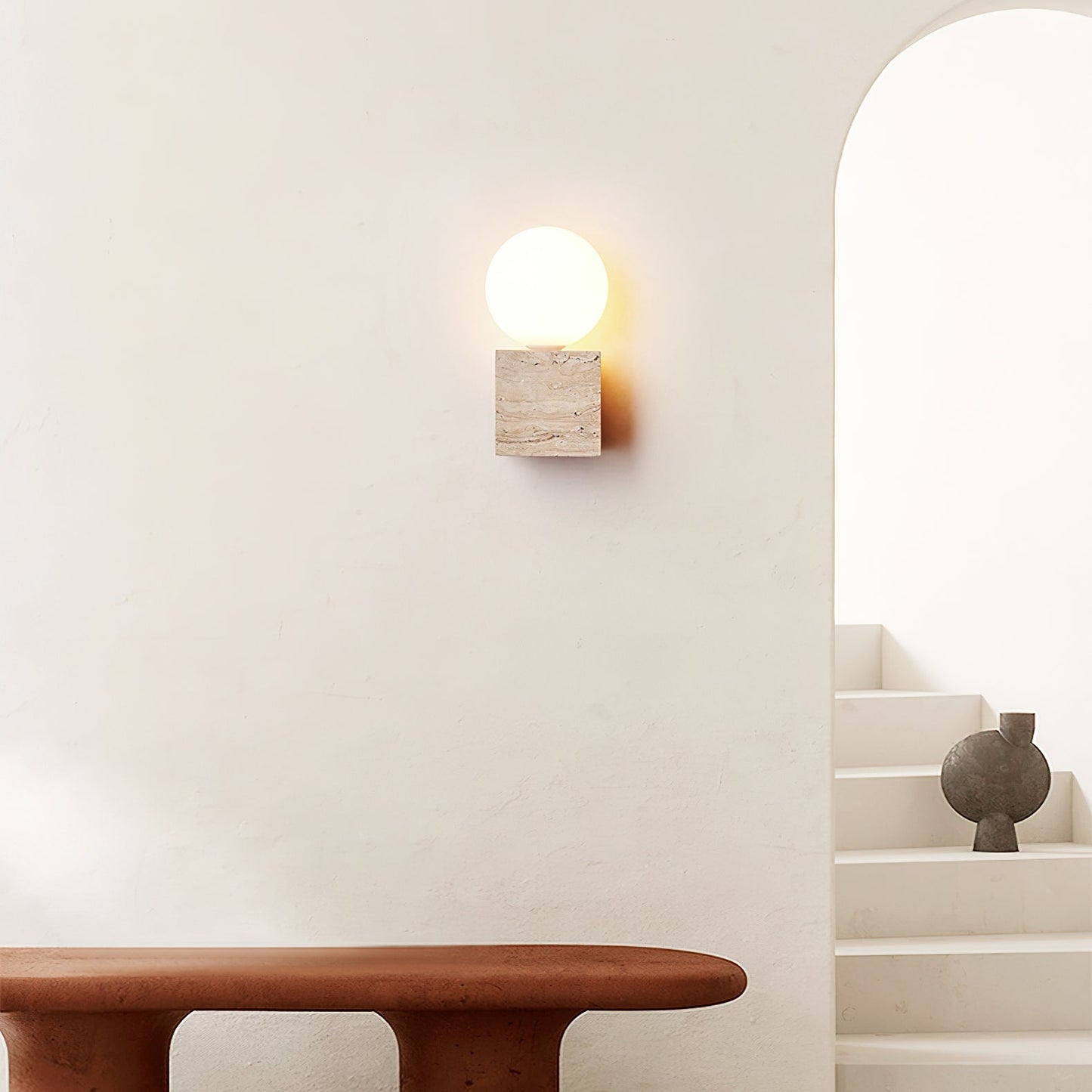 Cube Stone Wall Lamp | Travertine, Metal, Glass | Yellow