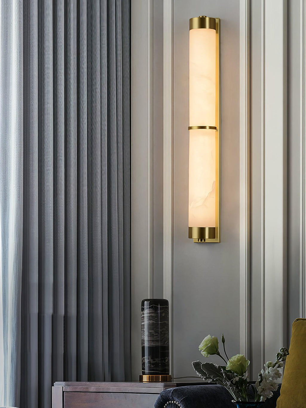 Cylindra Wall Light | Alabaster & Brass | White Shade