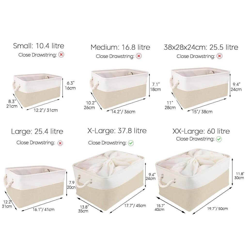 Fabric Storage Baskets | White & Khaki Rope Handles | Set of 5