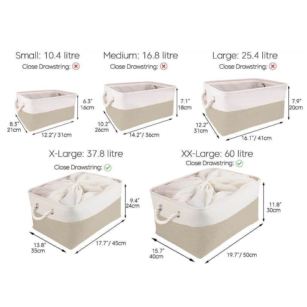 Fabric Storage Baskets | White & Khaki Rope Handles | Set of 5