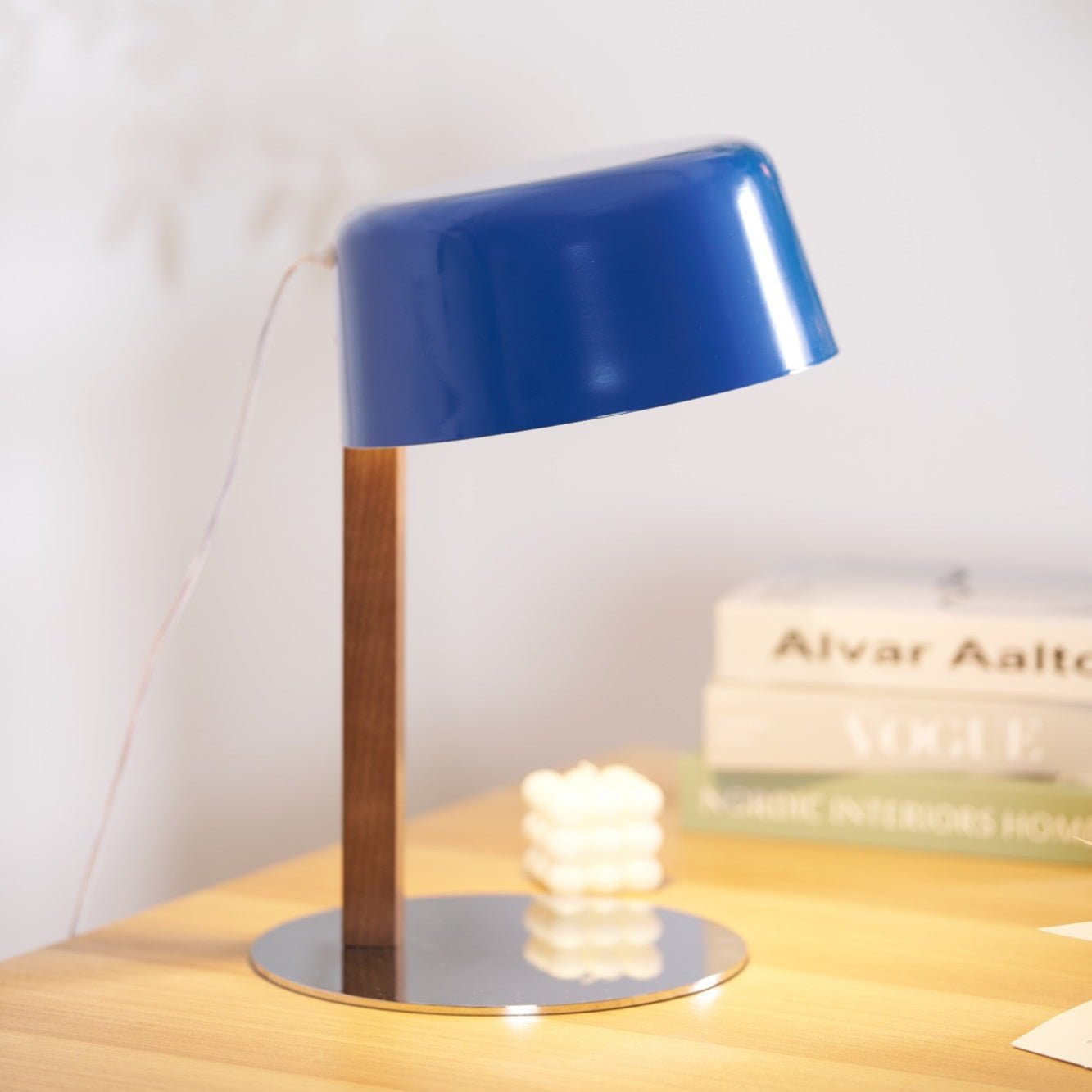 Dario Table Lamp | Wood & Chrome | Blue Shade
