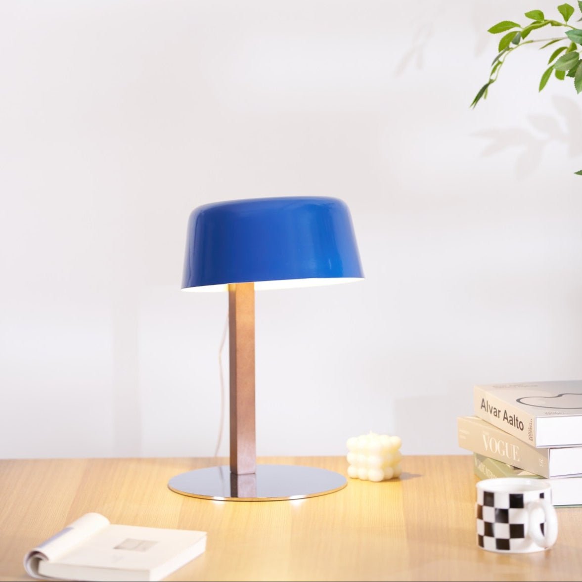 Dario Table Lamp | Wood & Chrome | Blue Shade