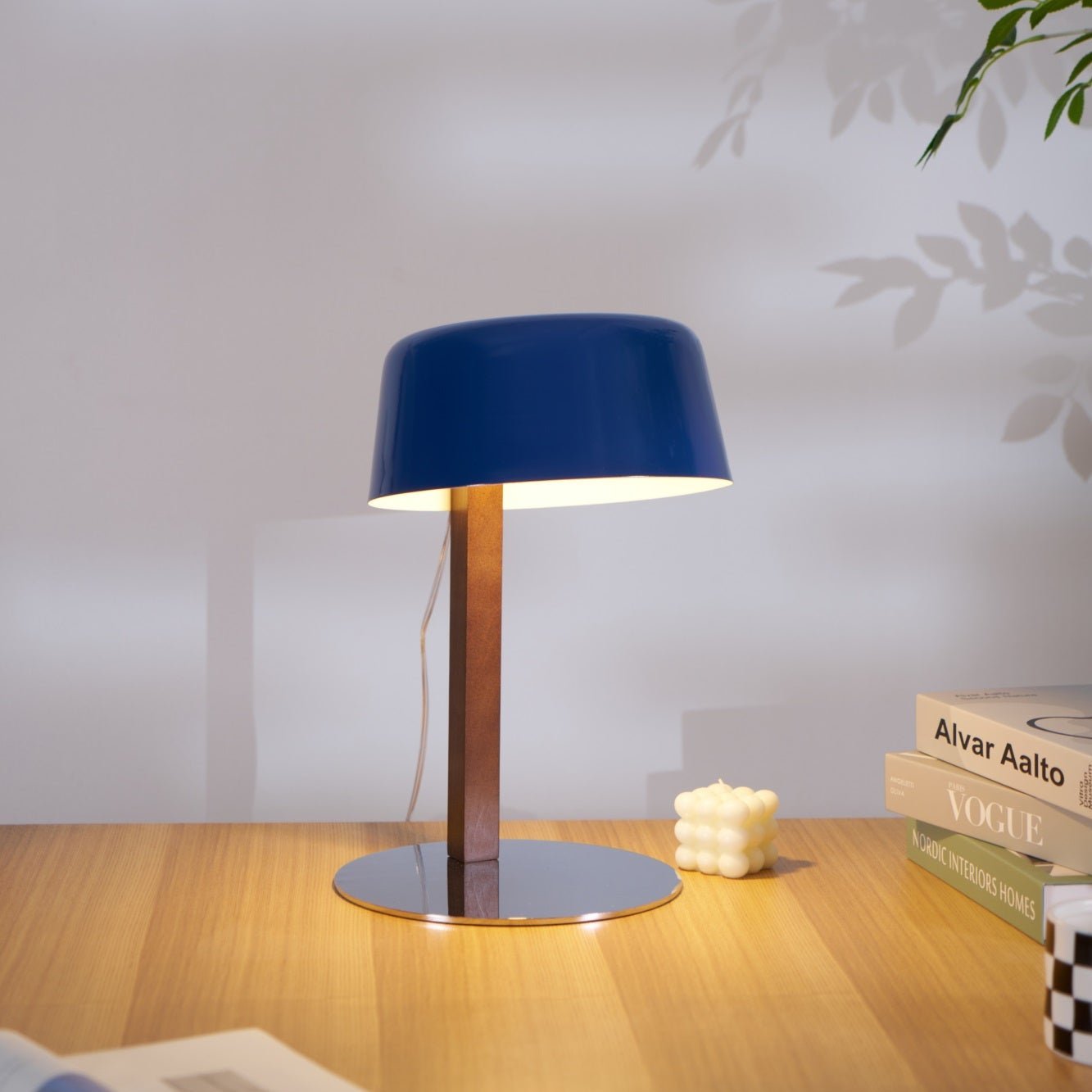 Dario Table Lamp | Wood & Chrome | Blue Shade