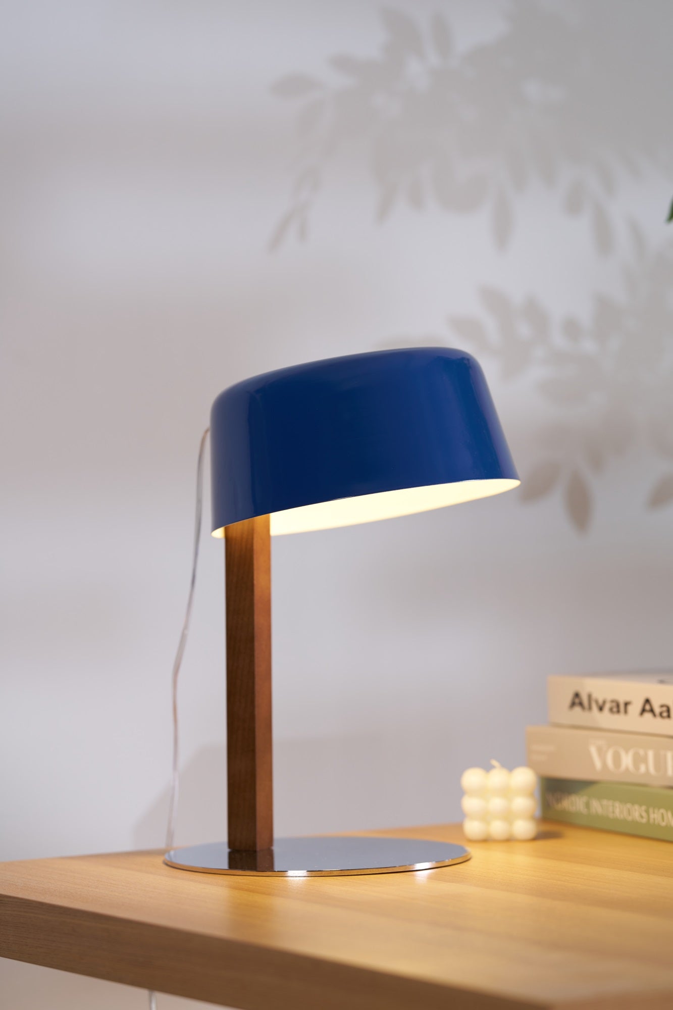 Dario Table Lamp | Wood & Chrome | Blue Shade