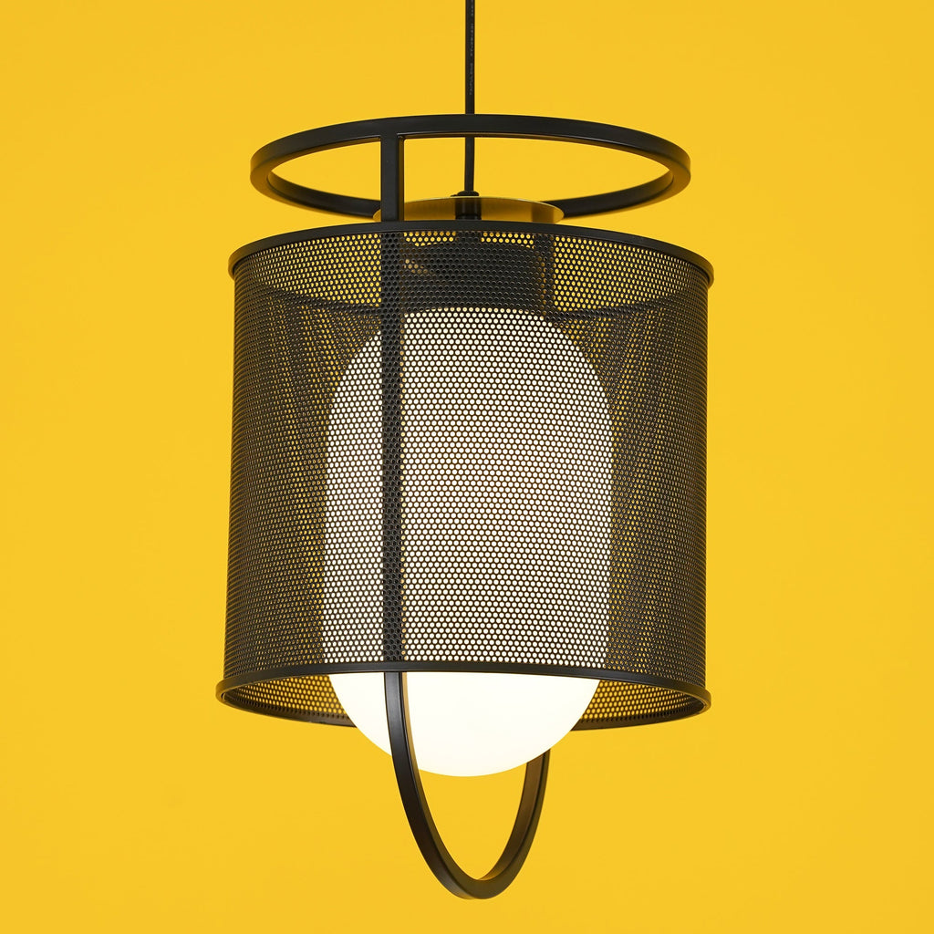 Pendant Lamp | Black Iron & Opal Glass | 25cm Diameter