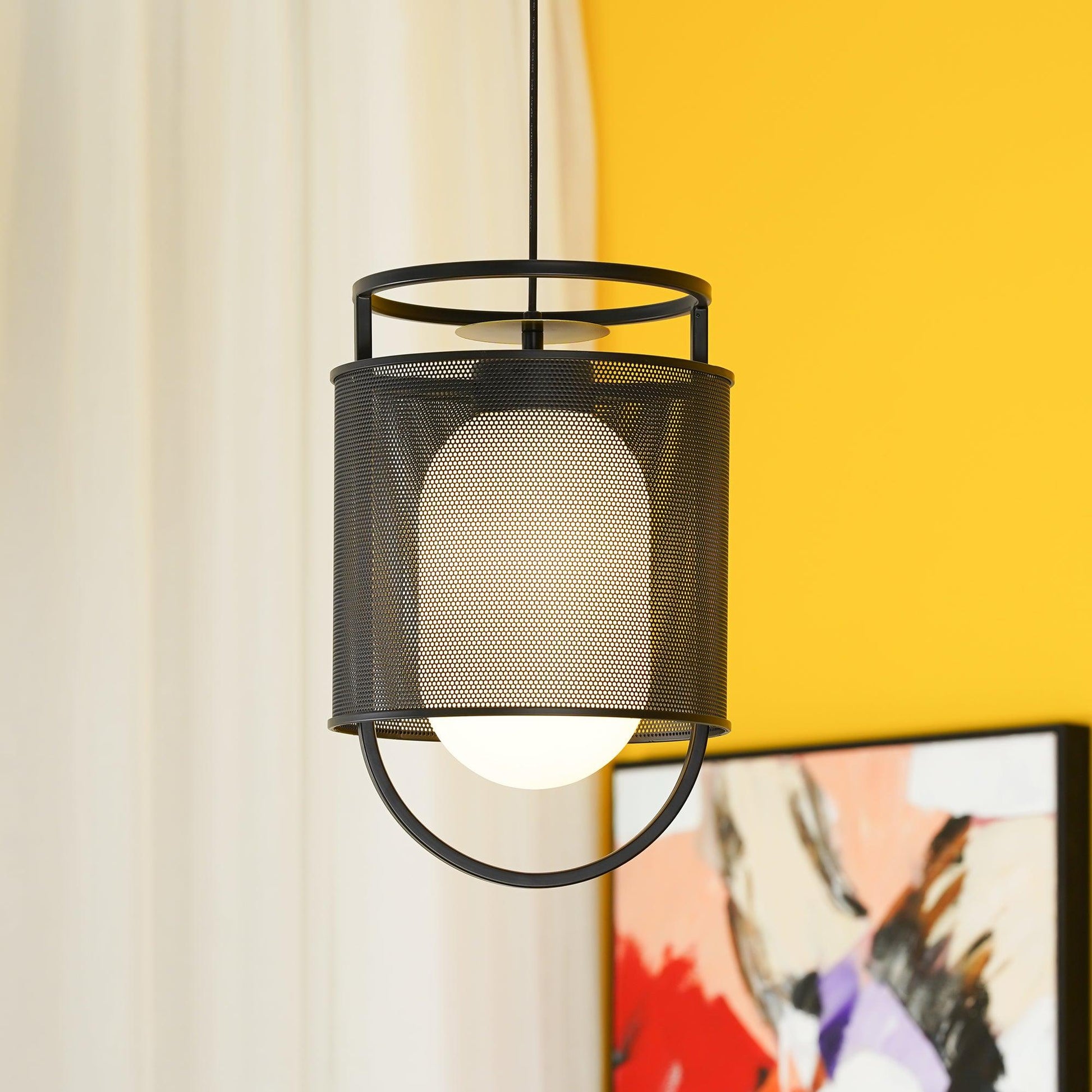 Pendant Lamp | Black Iron & Opal Glass | 25cm Diameter