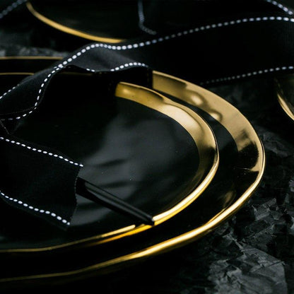 Pearl Plate Set | Handmade Fine Porcelain | Gold Rimmed, Cream & Black