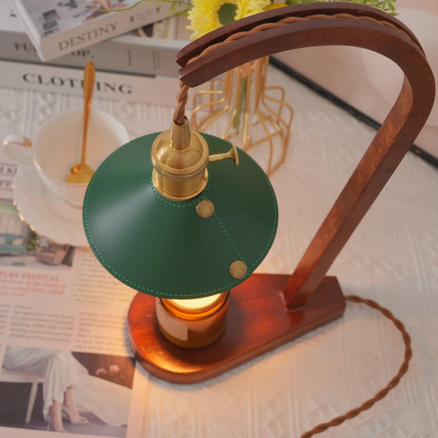 Diosa Table Lamp | Wood, Metal, Leather | Gold, Walnut, Green