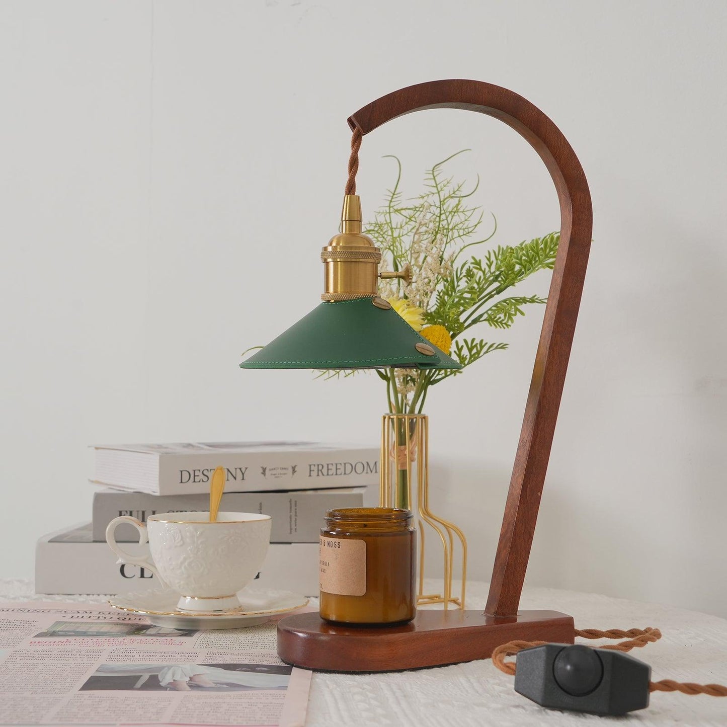 Diosa Table Lamp | Wood, Metal, Leather | Gold, Walnut, Green
