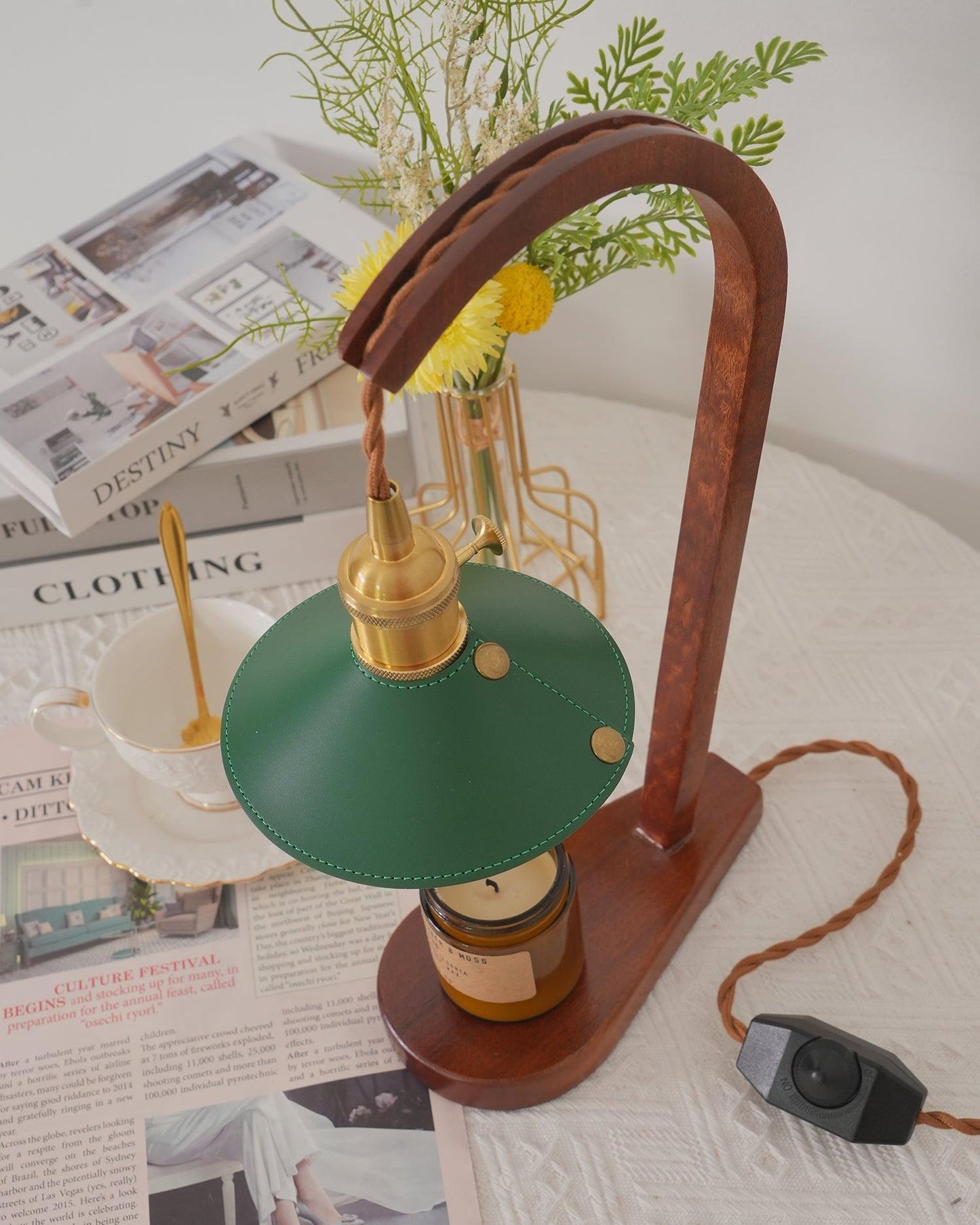 Diosa Table Lamp | Wood, Metal, Leather | Gold, Walnut, Green